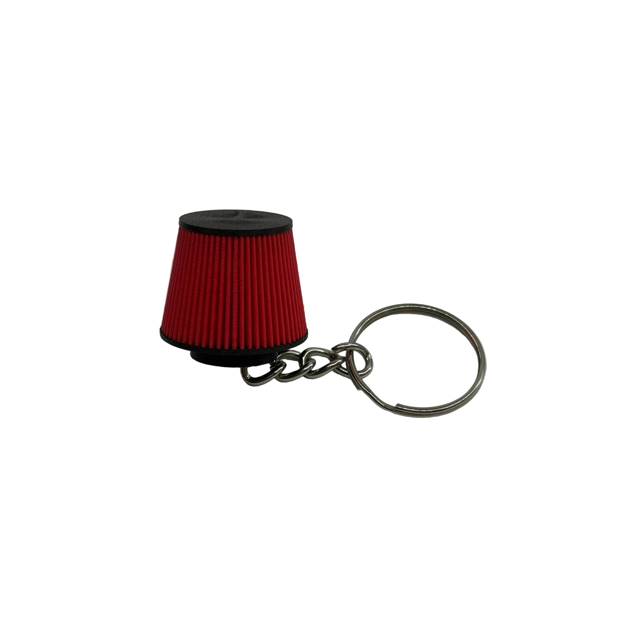 A miniature red and black air filter keychain with a silver metal split ring and chain